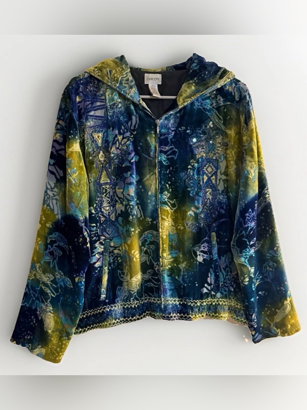 Chicos Silk Blend Burnout Velvet Zip Hoodie Jacket Teal sequin Abstract Size 2 L